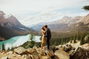 Engagement photos at Moraine Lake and Peyto Lake in Banff National Park