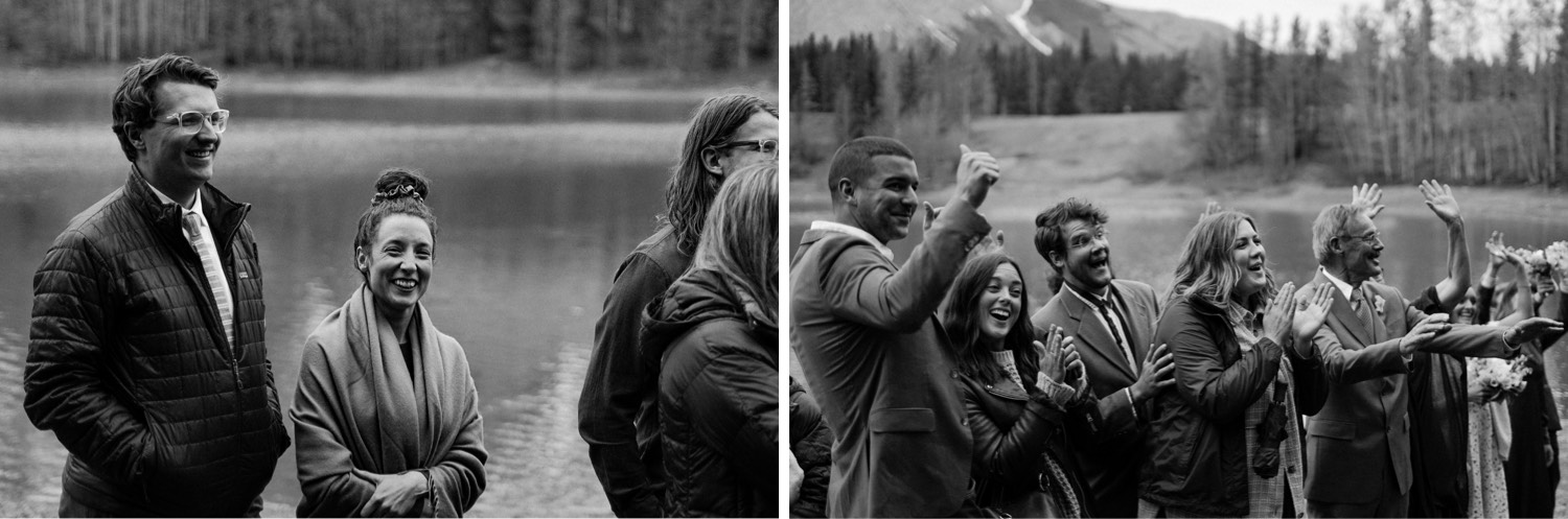 A Kananaskis Lake Elopement in the beautiful Canadian Rockies photo of family and friends cheering and celebrating