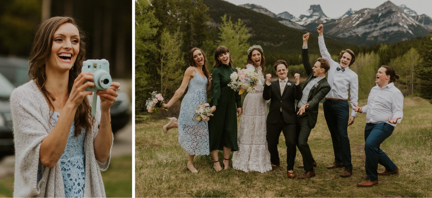 A Kananaskis Lake Elopement in the beautiful Canadian Rockies photo of family and friends cheering and celebrating