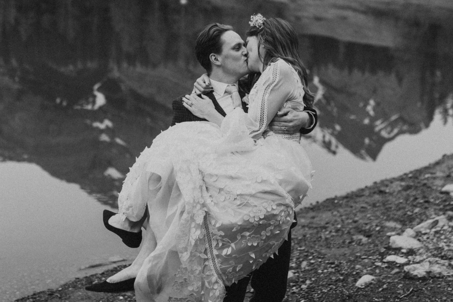 A Kananaskis Lake Elopement in the beautiful Canadian Rockies photo of bride and groom portraits