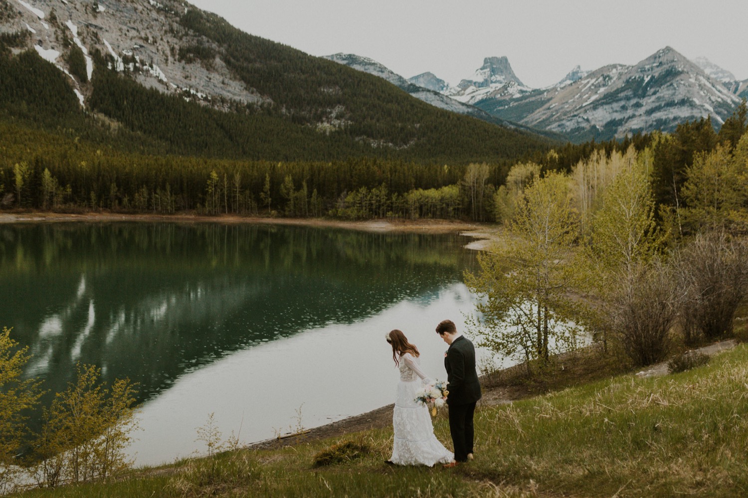 A Kananaskis Lake Elopement in the beautiful Canadian Rockies photo of bride and groom portraits