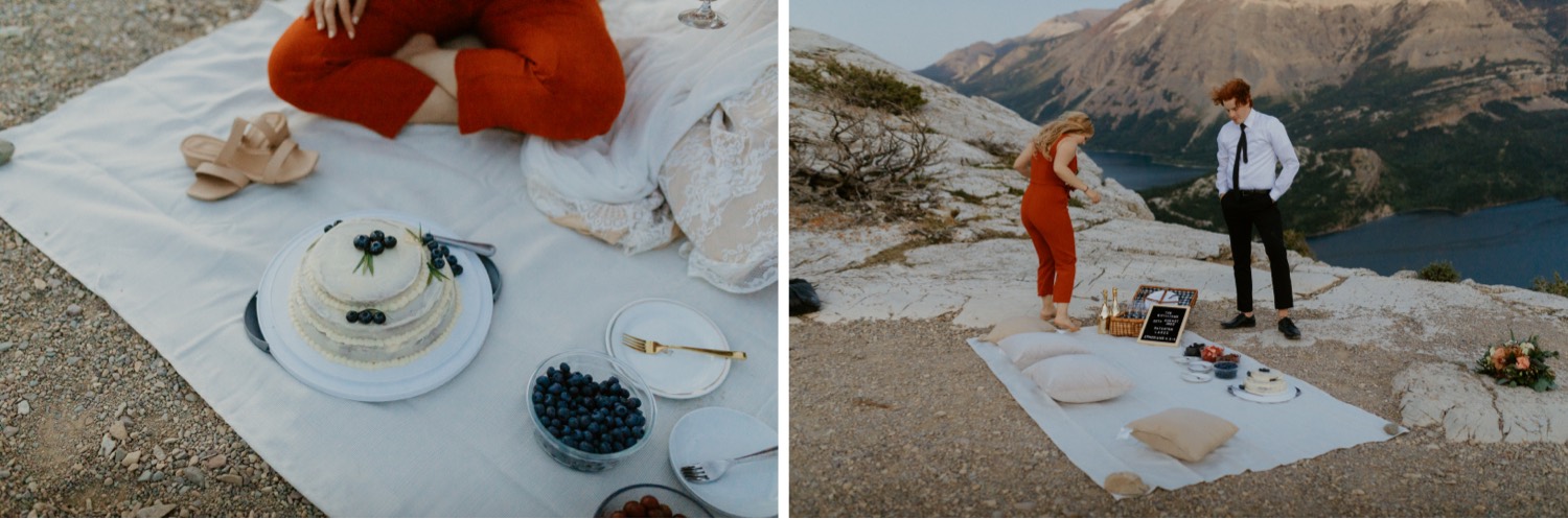 Waterton Wedding Adventurous Mountain Elopement style in the beautiful Canadian Rocky Mountains picnic on a mountain top after the elopement ceremony