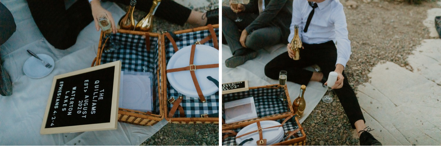 Waterton Wedding Adventurous Mountain Elopement style in the beautiful Canadian Rocky Mountains picnic on a mountain top after the elopement ceremony