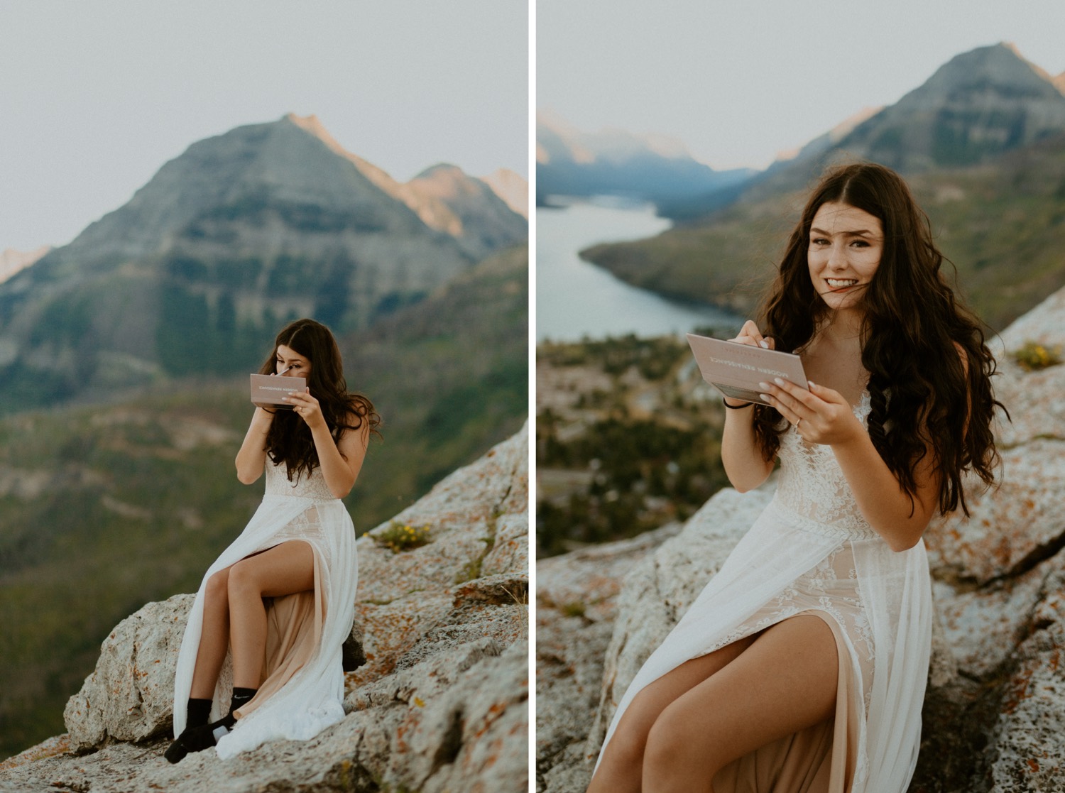 Waterton Wedding Adventurous Mountain Elopement style in the beautiful Canadian Rocky Mountains bride putting on her boho dress on a mountain top