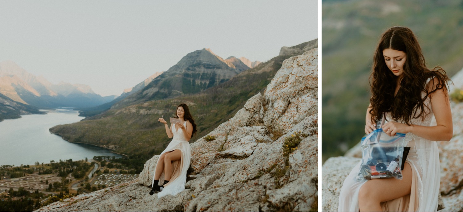 Waterton Wedding Adventurous Mountain Elopement style in the beautiful Canadian Rocky Mountains bride putting on her boho dress on a mountain top