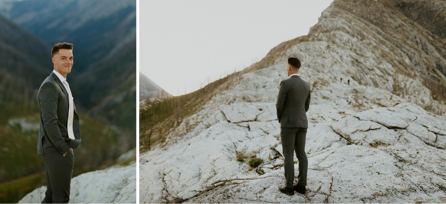 Waterton Wedding Adventurous Mountain Elopement style in the beautiful Canadian Rocky Mountains groom waiting for his bride on the mountain top for their first look