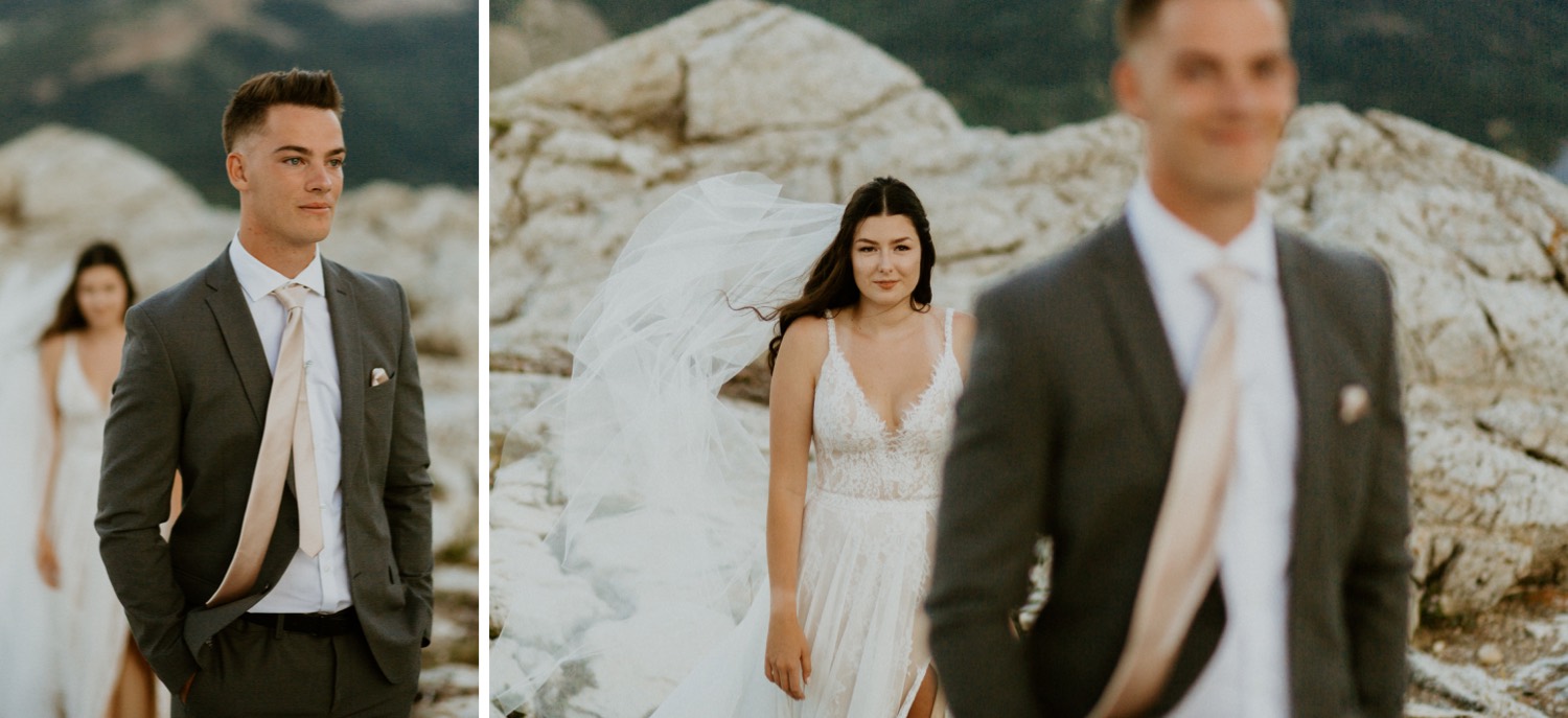 Waterton Wedding Adventurous Mountain Elopement style in the beautiful Canadian Rocky Mountains bride walking towards her groom for their first look