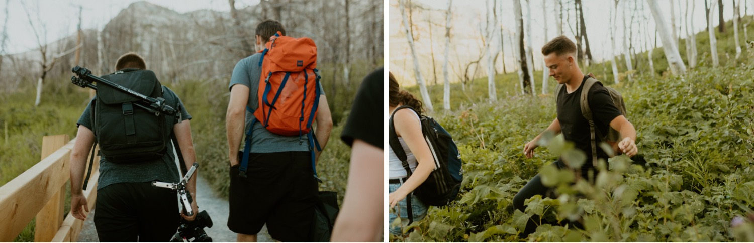 Waterton Wedding Adventurous Mountain Elopement style in the beautiful Canadian Rocky Mountains waiting in the parking lot before hiking on the trail walking up the trail to get to the mountain top