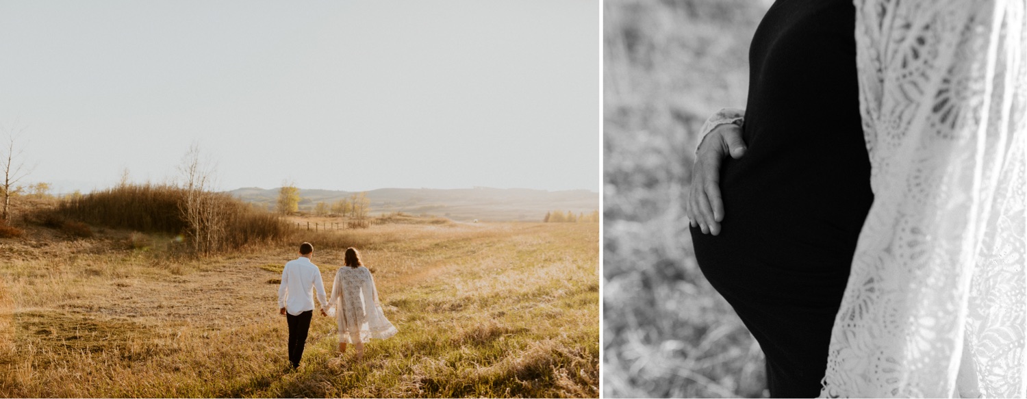 Maternity Family Photos in Calgary with mother and father dressed up for their pregnancy photoshoot with white flowy dress and baby boy in mothers belly near the mountains in Calgary Alberta during a beautiful sunset, maternity lifestyle photos in Calgary, casual lifestyle maternity photoshoot, baby photos