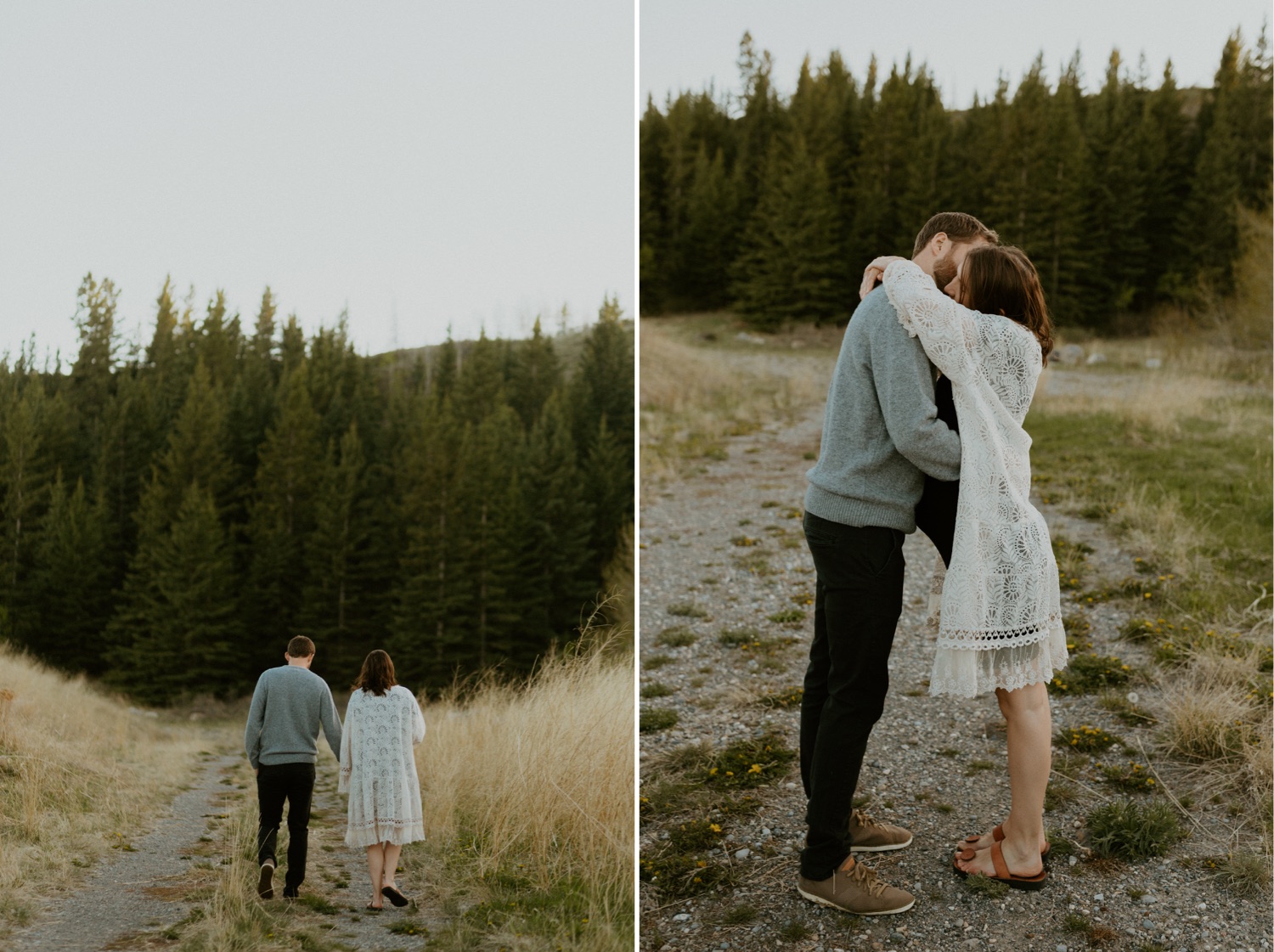 Maternity Family Photos in Calgary with mother and father dressed up for their pregnancy photoshoot with white flowy dress and baby boy in mothers belly near the mountains in Calgary Alberta during a beautiful sunset, maternity lifestyle photos in Calgary, casual lifestyle maternity photoshoot, baby photos