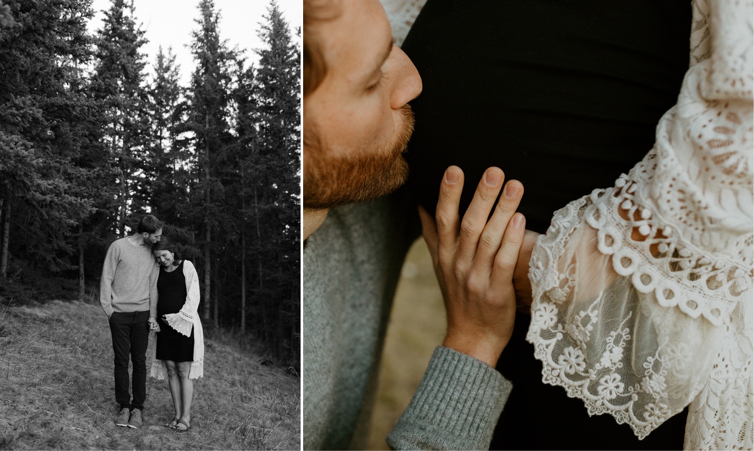 Maternity Family Photos in Calgary with mother and father dressed up for their pregnancy photoshoot with white flowy dress and baby boy in mothers belly near the mountains in Calgary Alberta during a beautiful sunset, maternity lifestyle photos in Calgary, casual lifestyle maternity photoshoot, baby photos