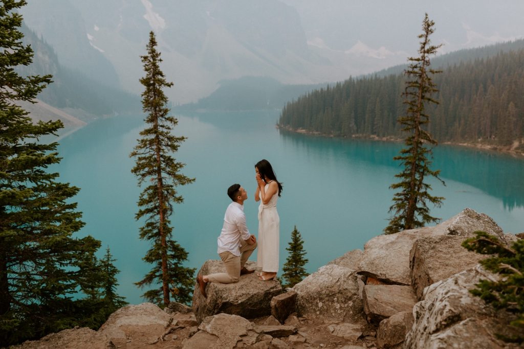 Banff Proposal Photos, Banff Proposal, Proposing in Banff, Proposal photos in Banff, Banff proposal at lake moraine, lake moraine proposal photos, lake moraine proposal, banff proposal and engagement photos, she said yes at moraine lake, couple proposing at moraine lake, proposal at moraine lake