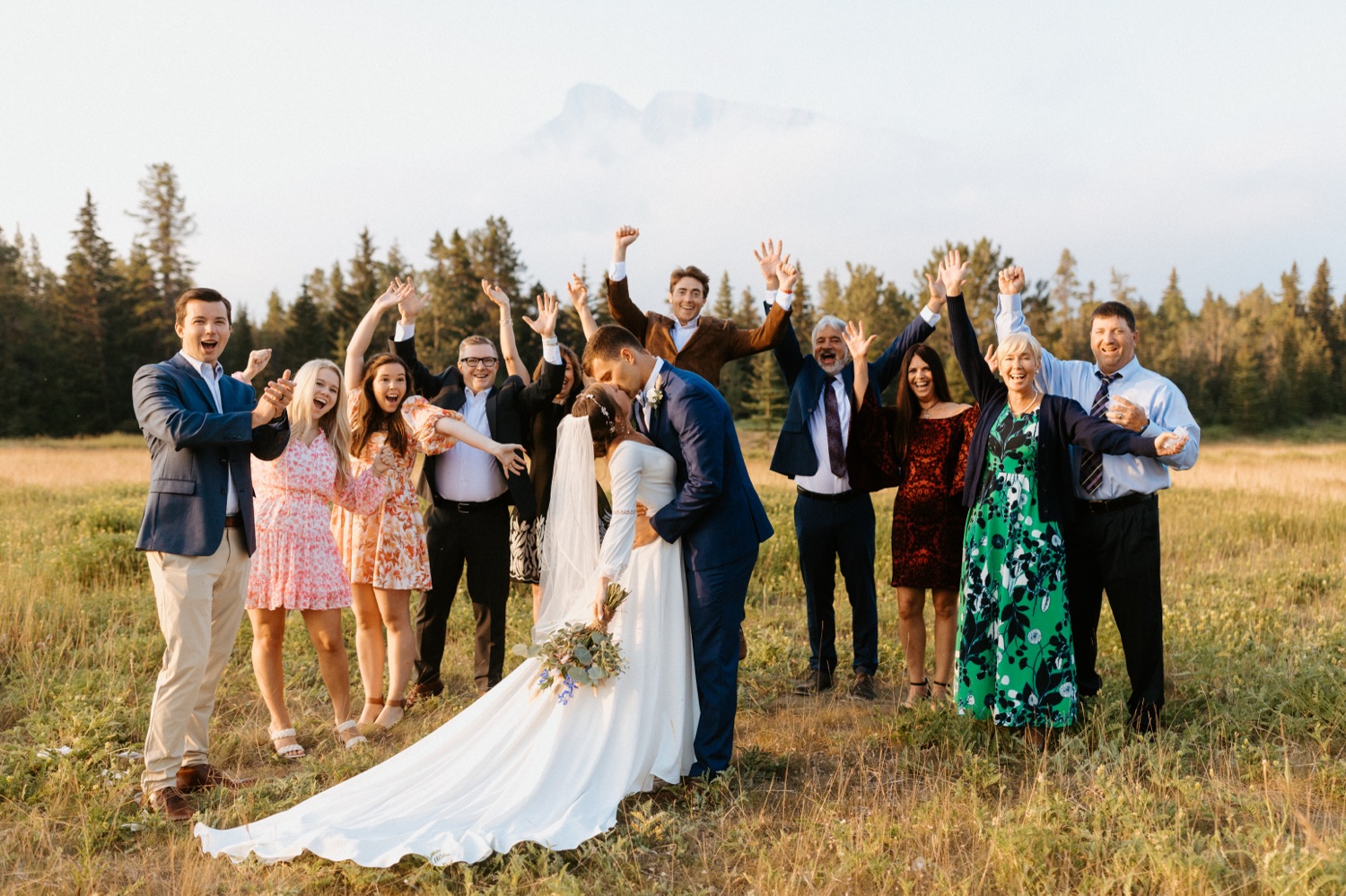 Banff Sunrise Elopement, Banff National Park Sunrise Elopement, Sunrise elopement with friends and family in Banff, sunrise elopement photos in Banff, Outdoor elopement photos in Banff during sunrise, Banff Sunrise Elopement Photography