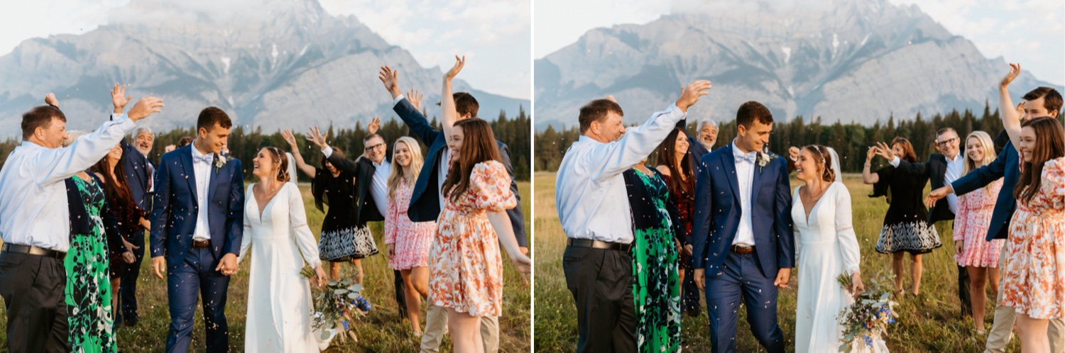 Banff Sunrise Elopement, Banff National Park Sunrise Elopement, Sunrise elopement with friends and family in Banff, sunrise elopement photos in Banff, Outdoor elopement photos in Banff during sunrise, Banff Sunrise Elopement Photography